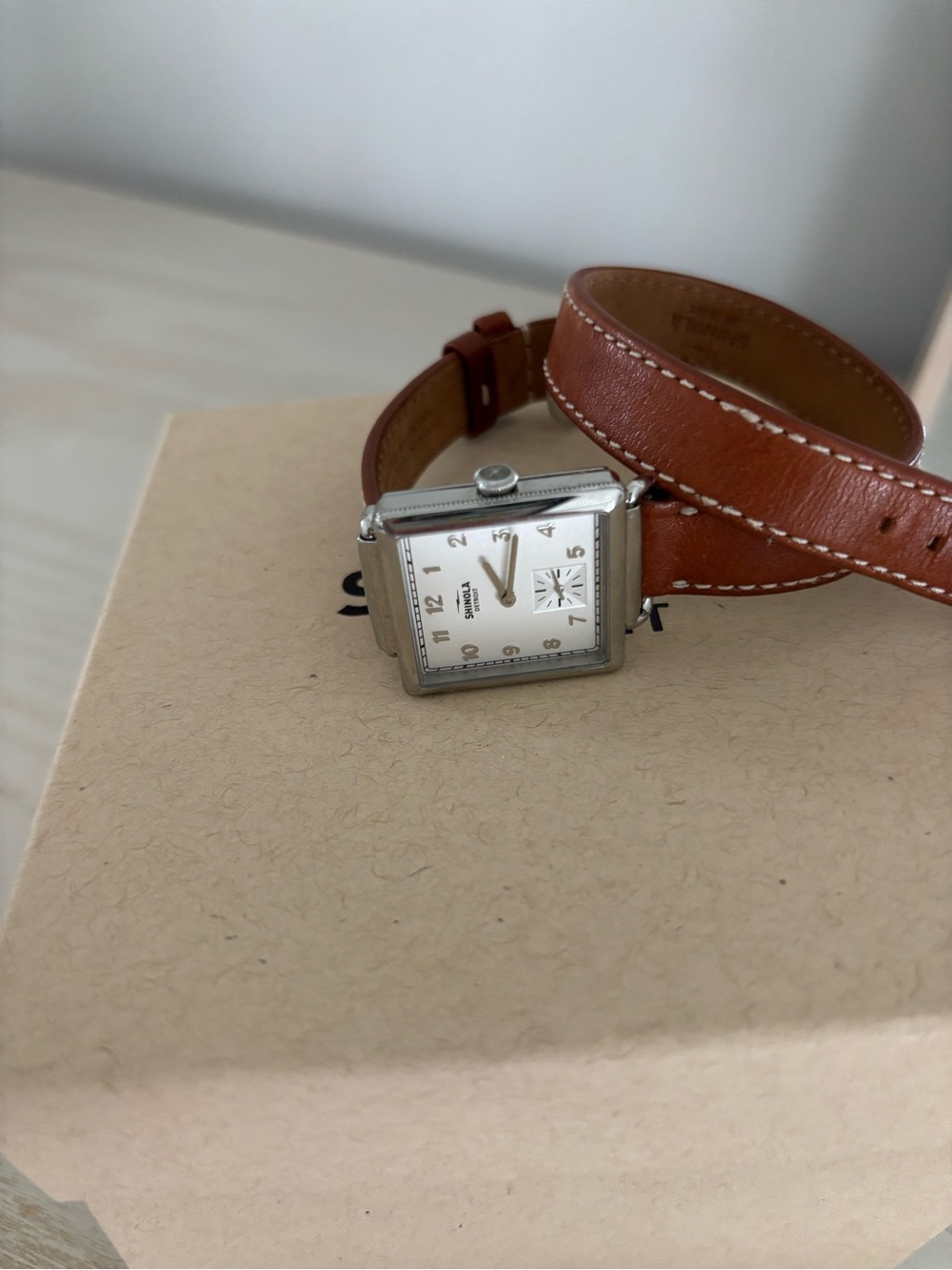 Shinola Women's Brown Double-Wrap Leather Watch with Silver Square Case